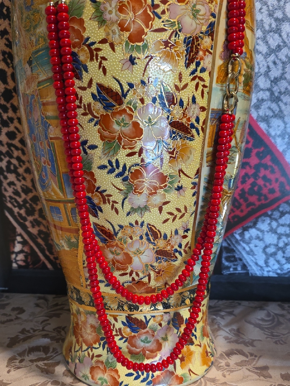 Red Beaded Long Necklace - Double Strand